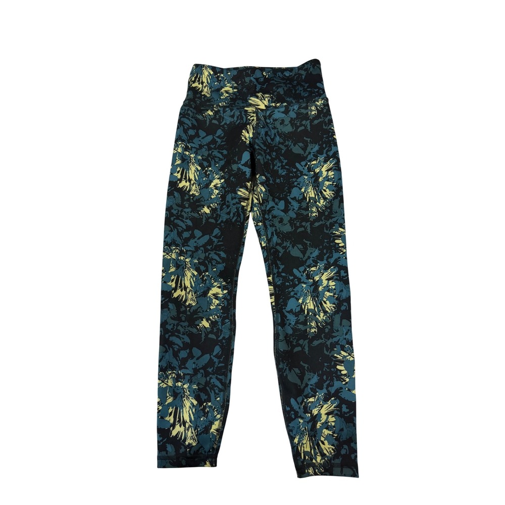 Balance Collection Womens High Waisted Abstract Floral Leggings Teal Black M